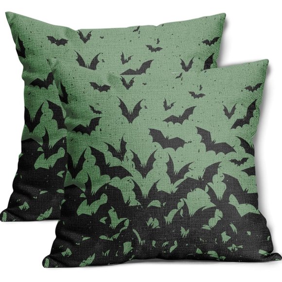 Set 2 Green Black Bats Pillow Covers 18" Square Pillows Gothic Bat Print GothNew - Picture 2 of 9